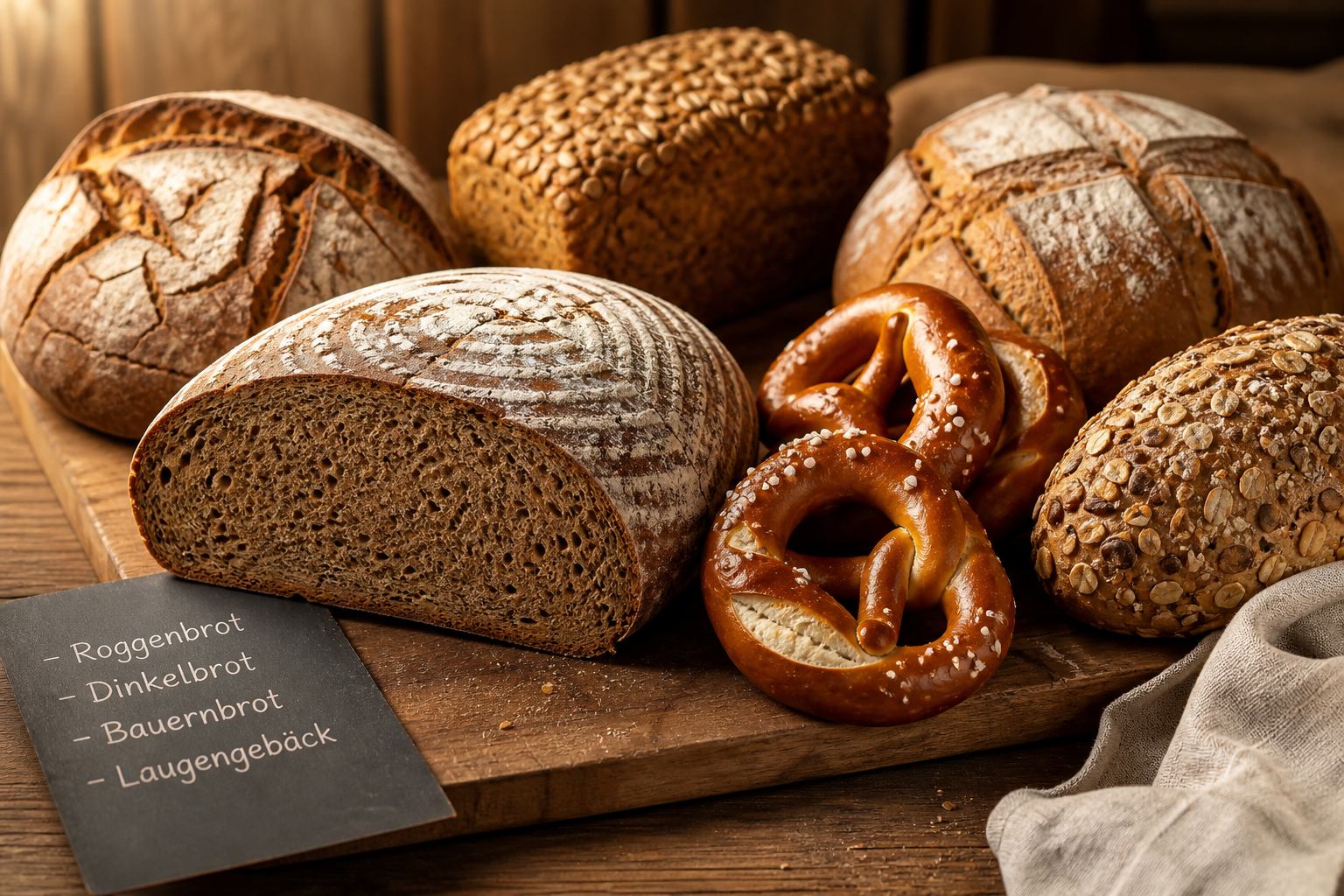 Auswahl deutscher Brotsorten und Laugengebäck auf Holztisch