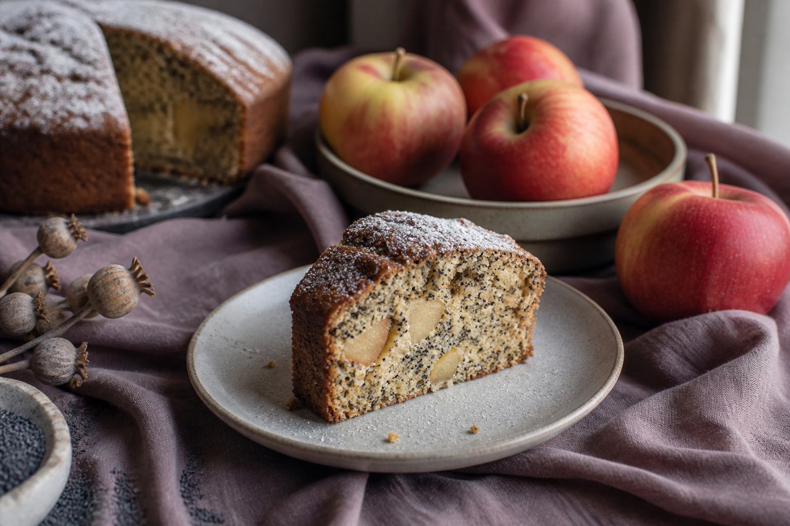 Apfel-Mohn-Kuchen und frische Äpfel auf Leinen