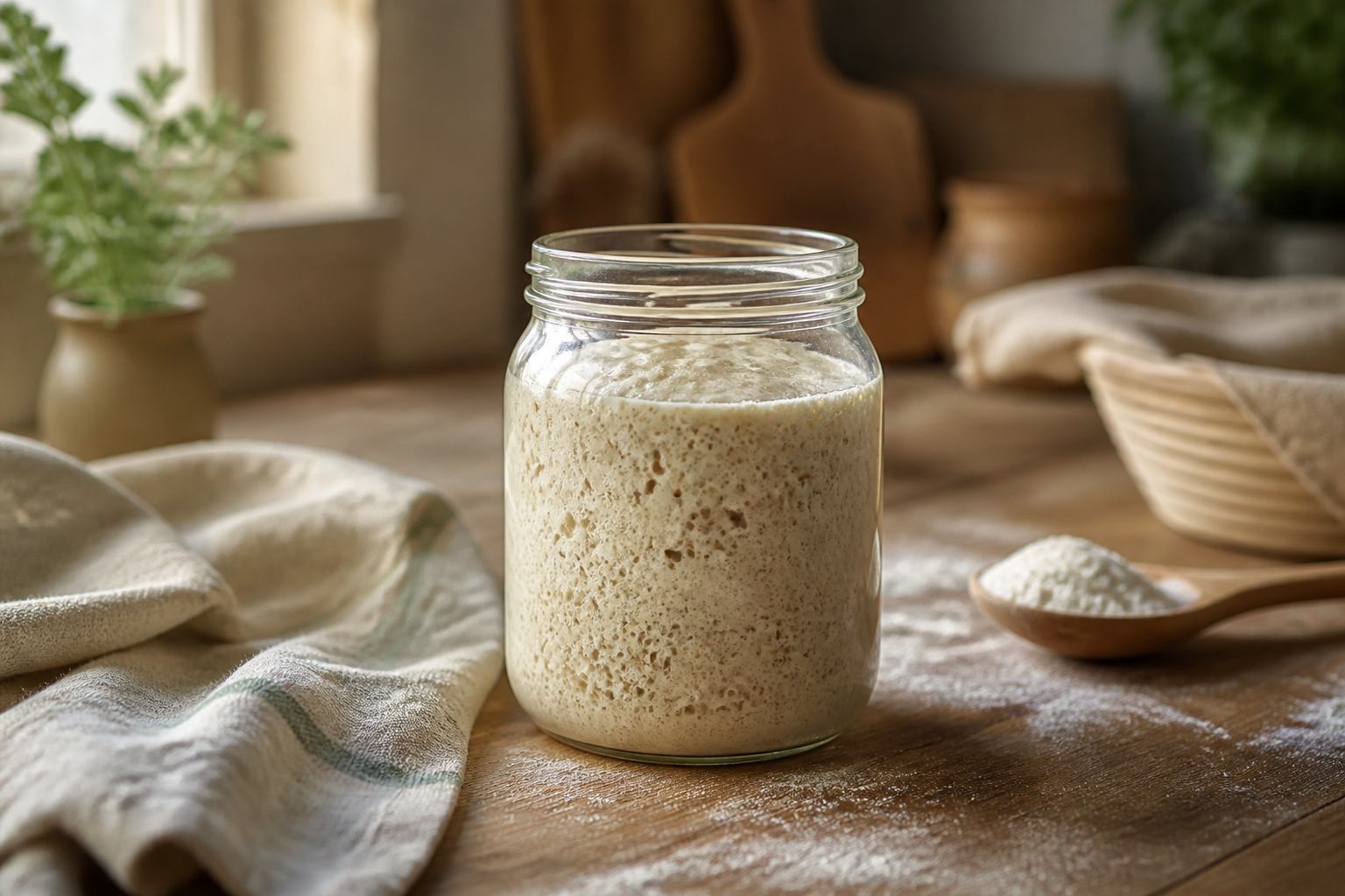 Glas mit aktiver Sauerteigkultur und feinen Blasen
